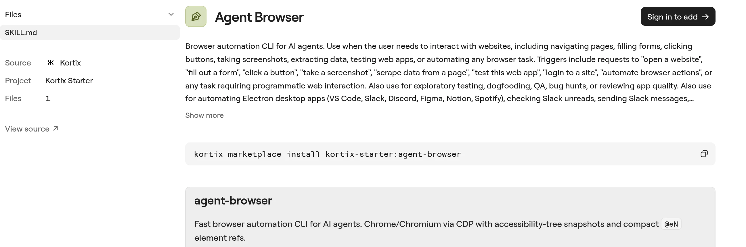 The Agent Browser skill's page in the Kortix marketplace, with the description an agent reads before it loads the skill